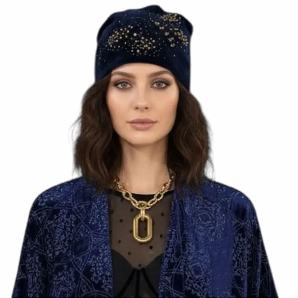 Dark Blue Sparkly Beaded Fitted Winter Velvet Beanie - NEW